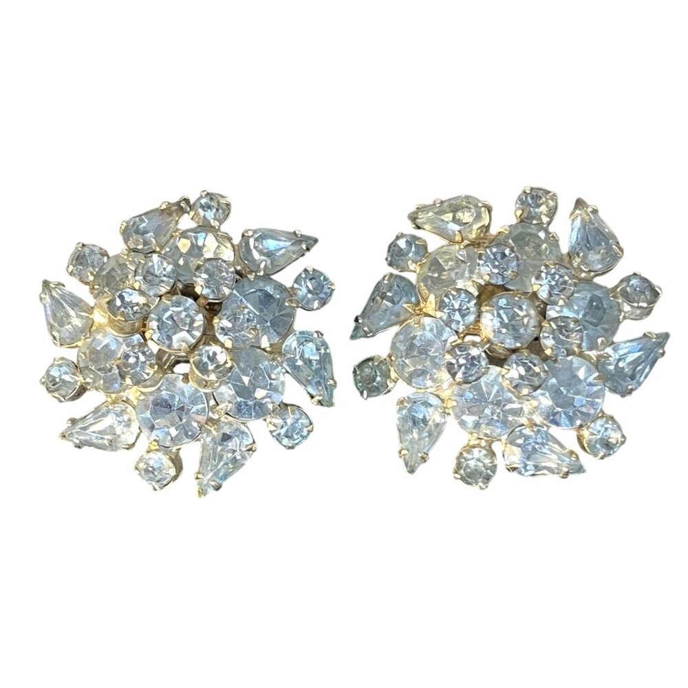 Vintage Floral Rhinestone Clip On Earrings Light Blue MCM EUC